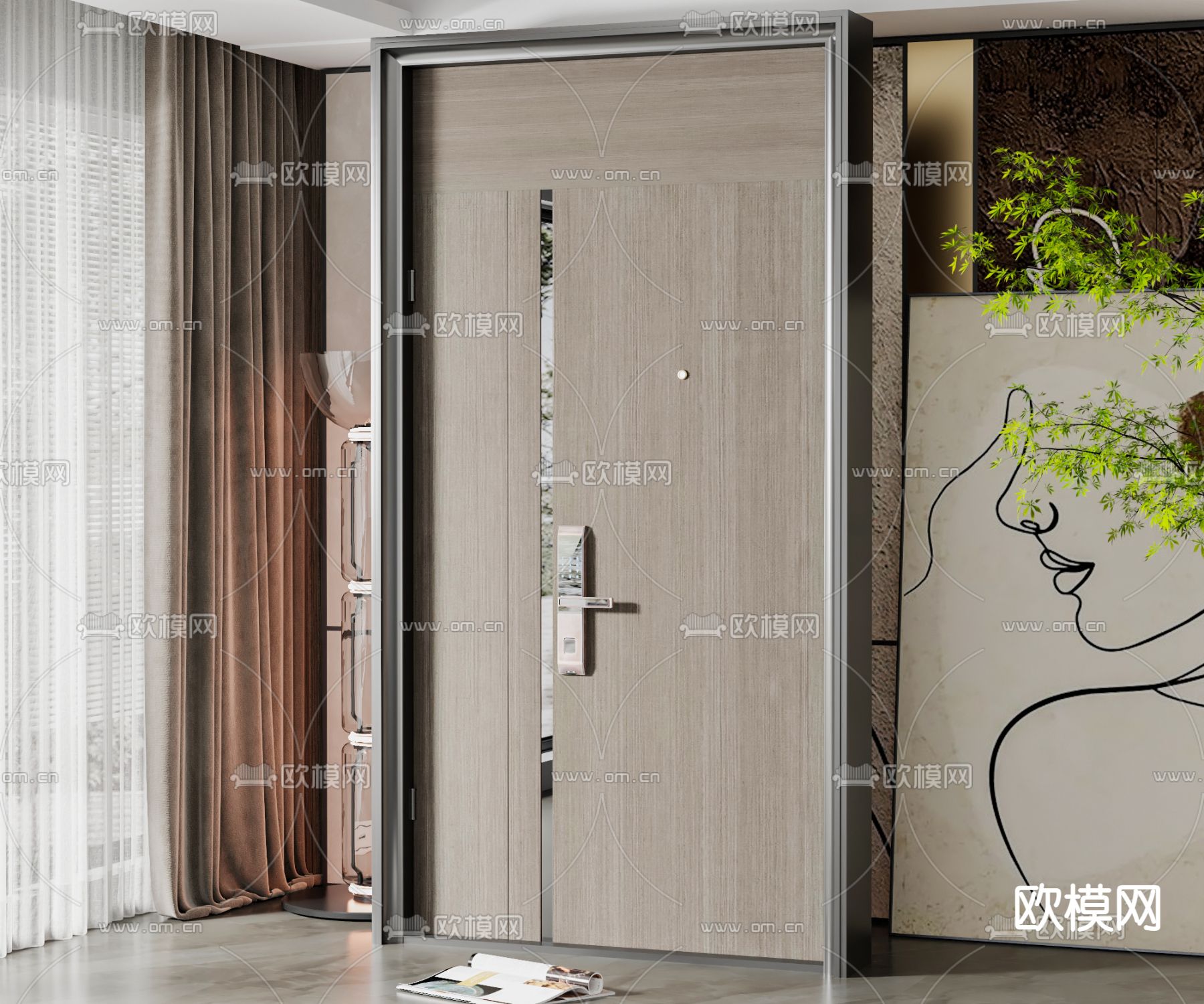 现代密码锁子母入户门通顶门3d模型下载