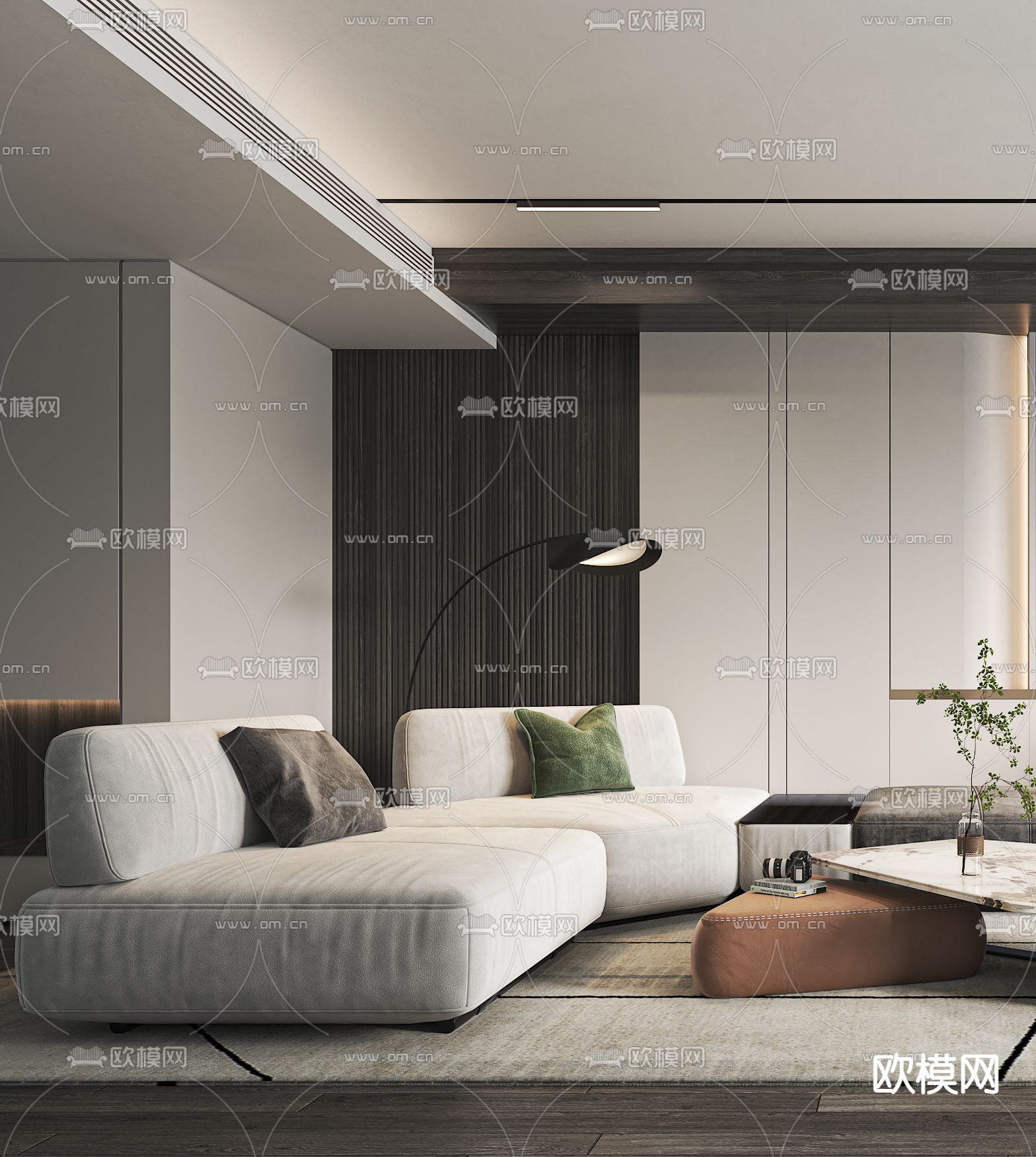 现代奶油风客厅3d模型下载（渲染图2）