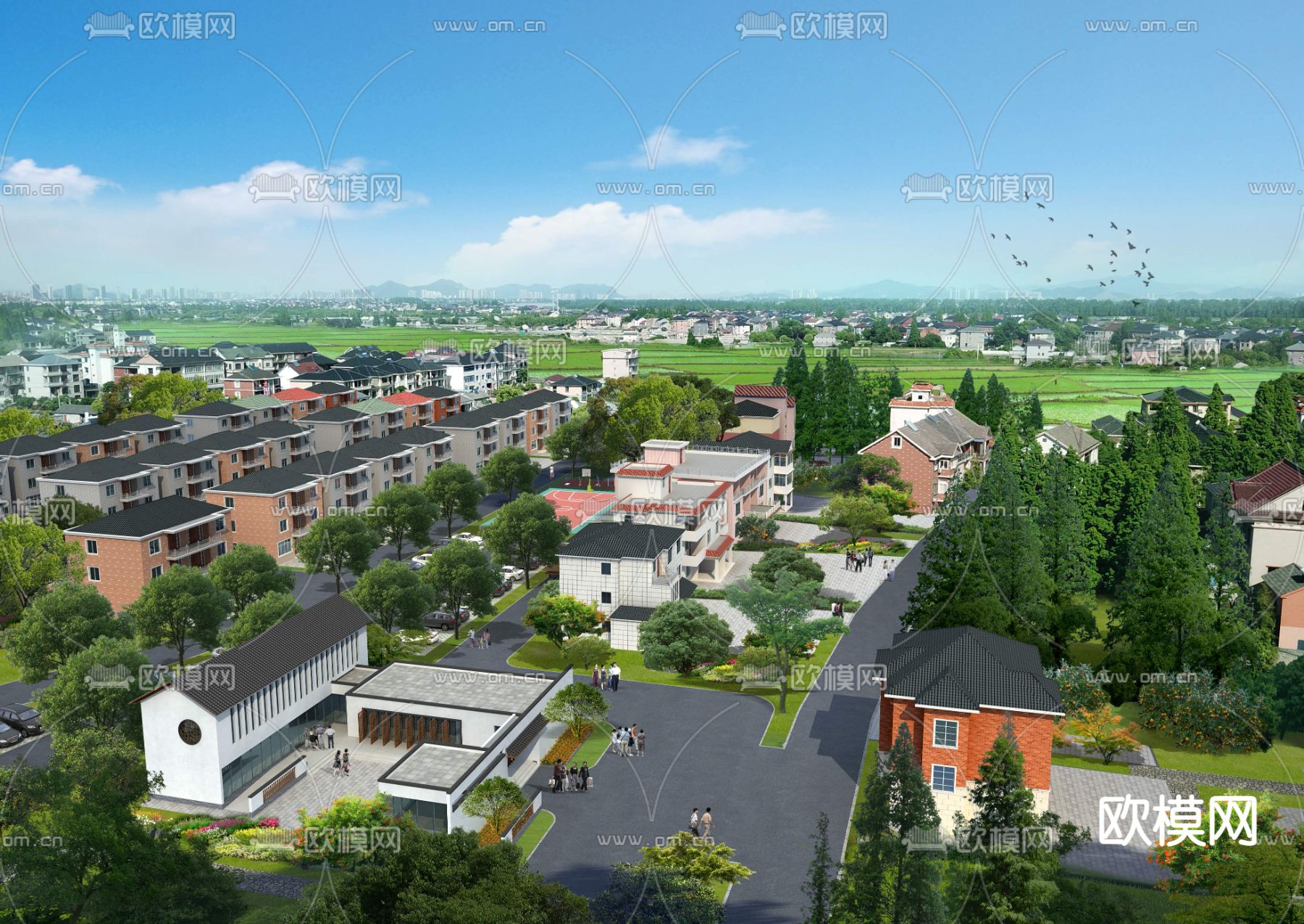 新中式建筑外观鸟瞰景观psd下载