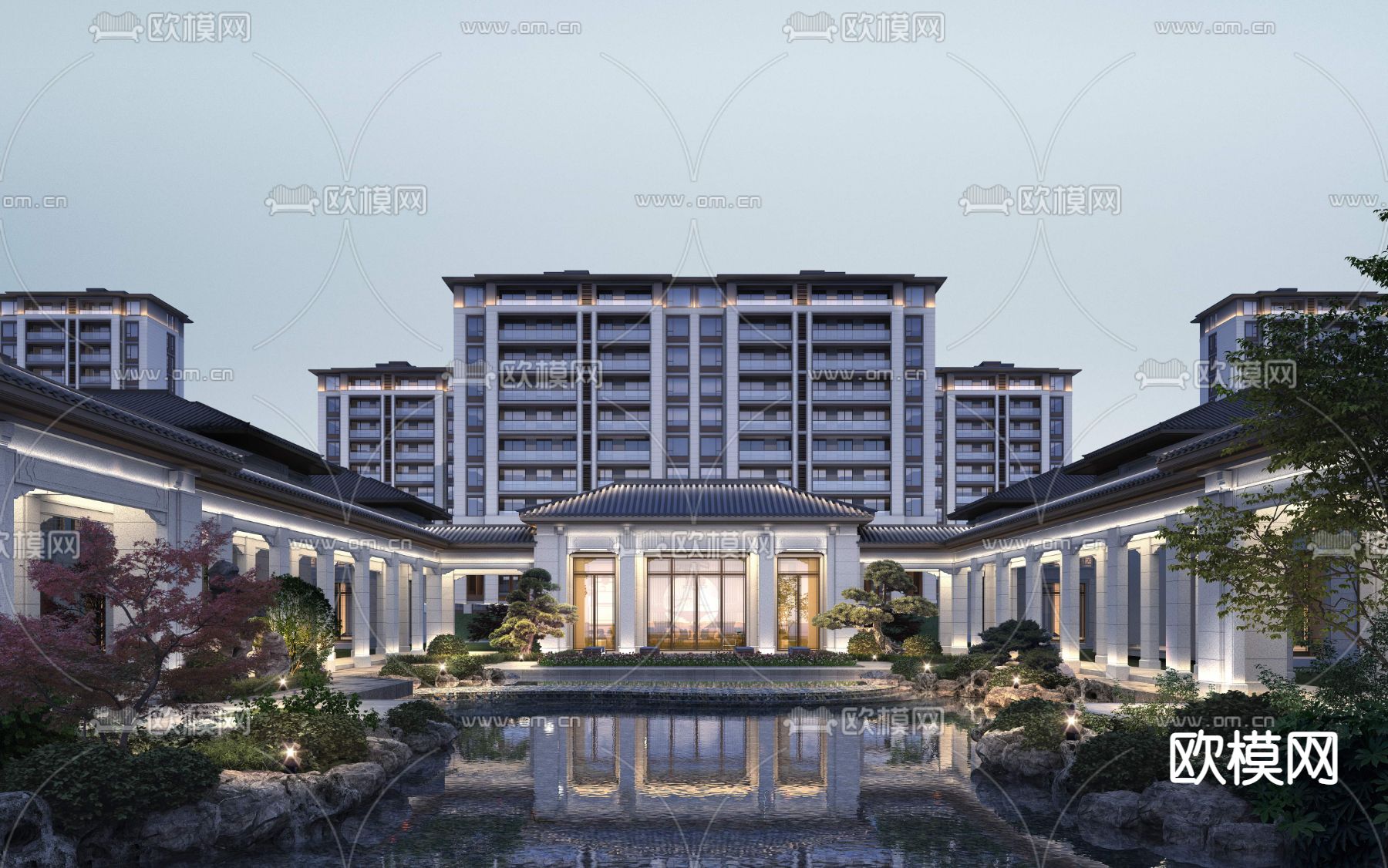 新中式庭院园林外观景观psd下载