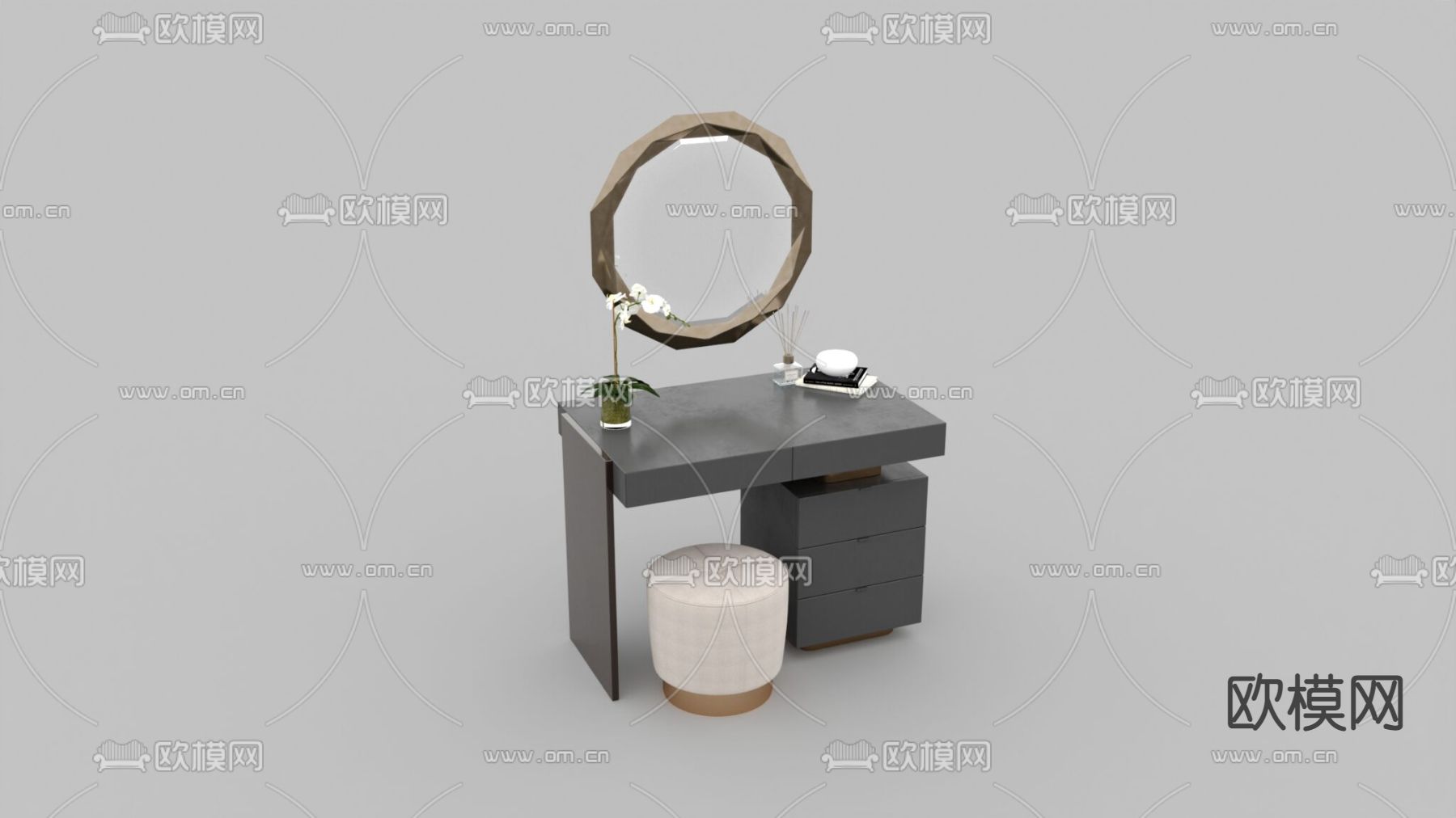 现代轻奢实木梳妆台免费3d模型下载