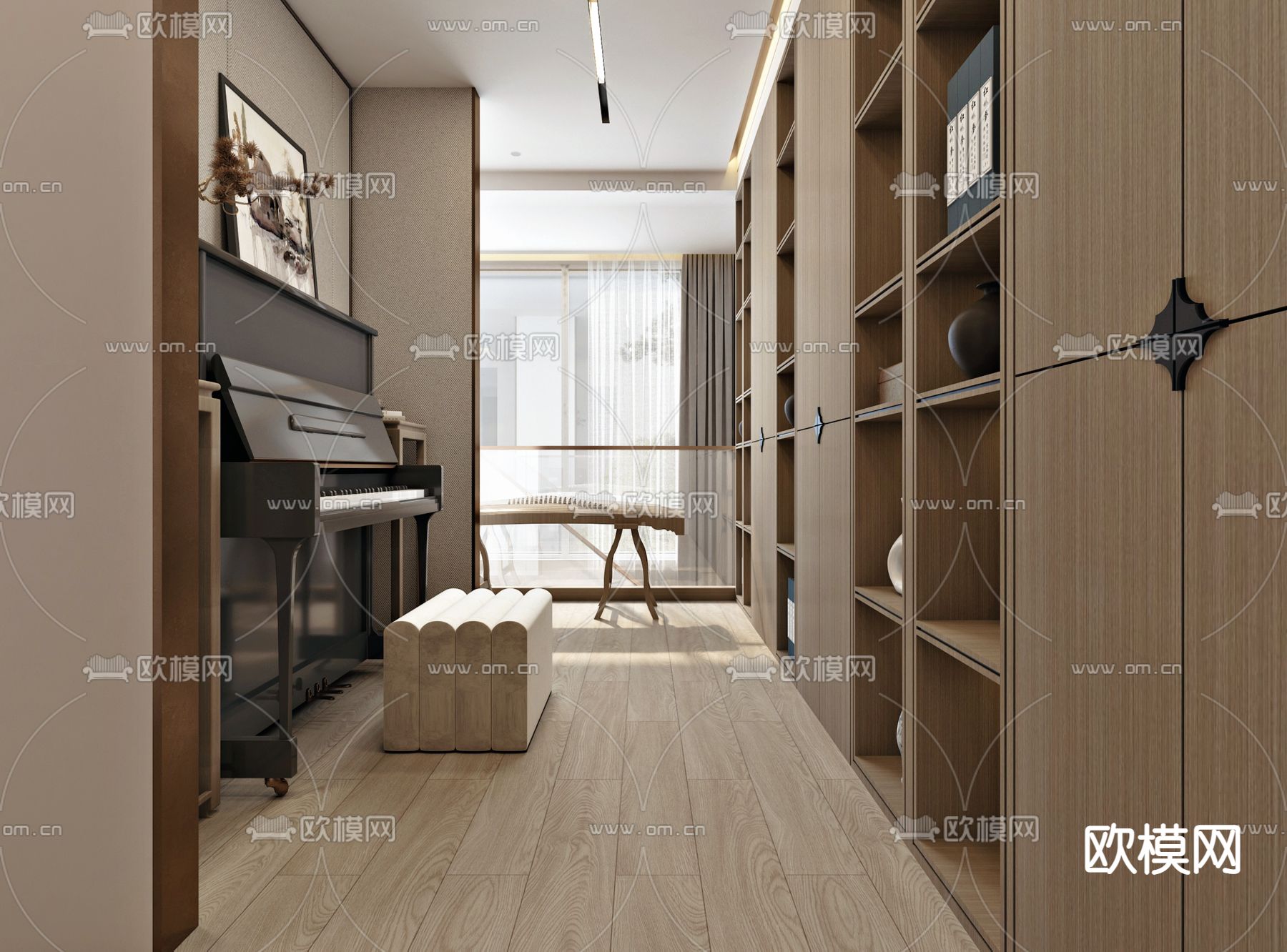 新中式复式客厅琴房d模型下载（渲染图2）