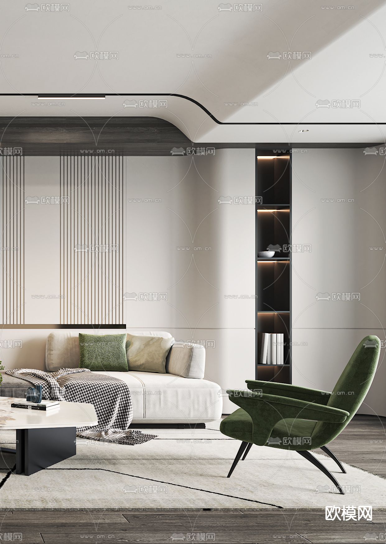 现代奶油风客厅3d模型下载（渲染图3）