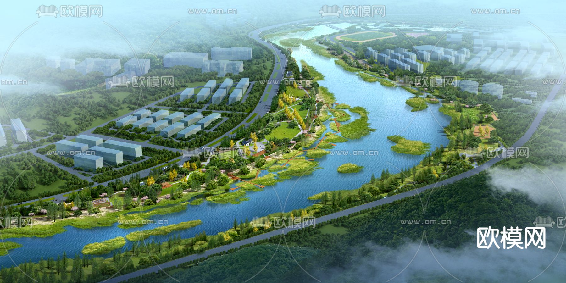 现代湿地园林鸟瞰景观psd下载