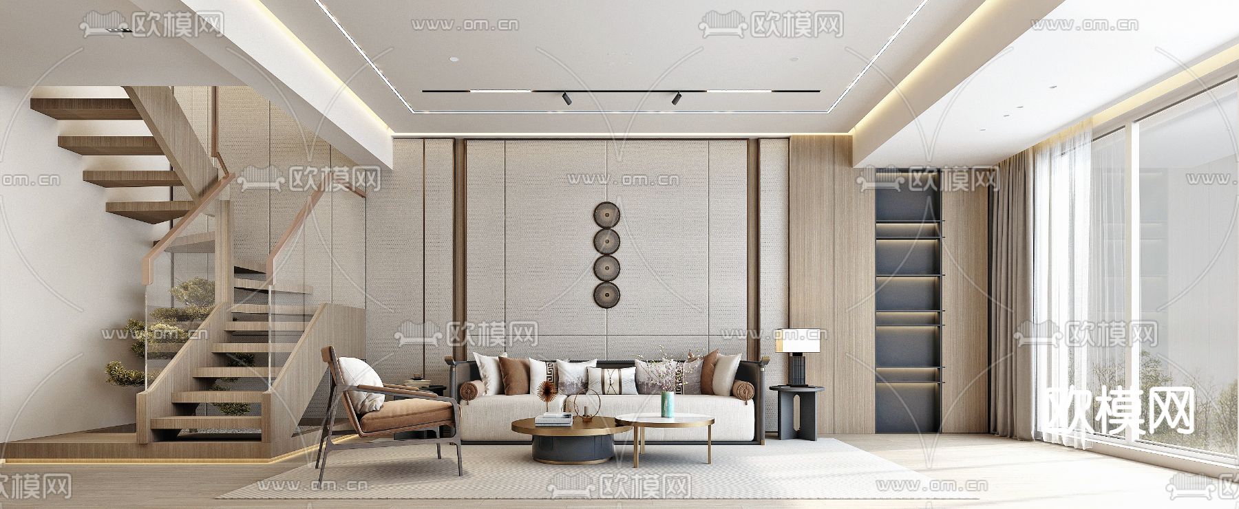 新中式复式客厅琴房d模型下载（渲染图1）