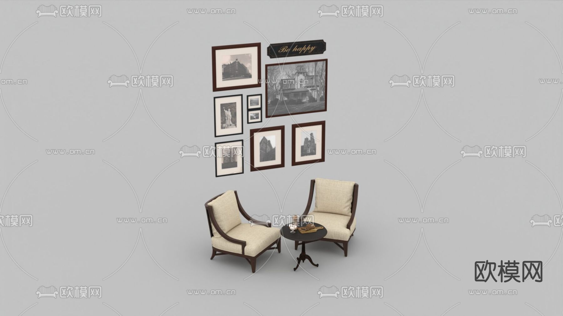 美式简约实木布艺休闲椅免费3d模型下载