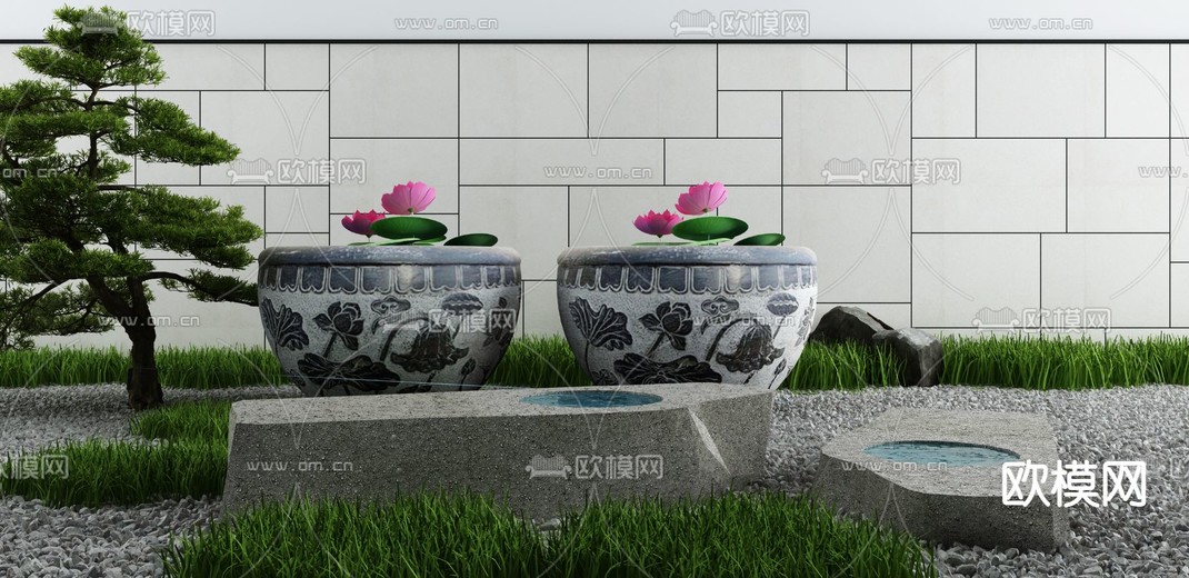 新中式庭院迎客松荷花水缸景观小品3d模型下载_ID12061863_3dmax免费模型-欧模网