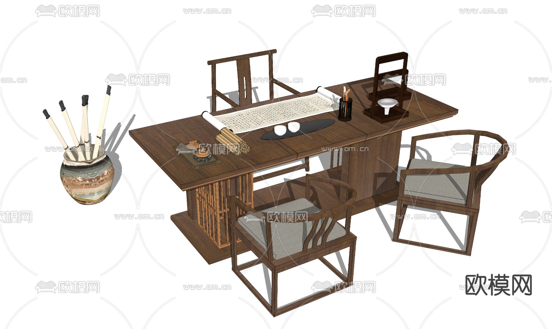 中式实木书桌椅su模型下载（渲染图2）