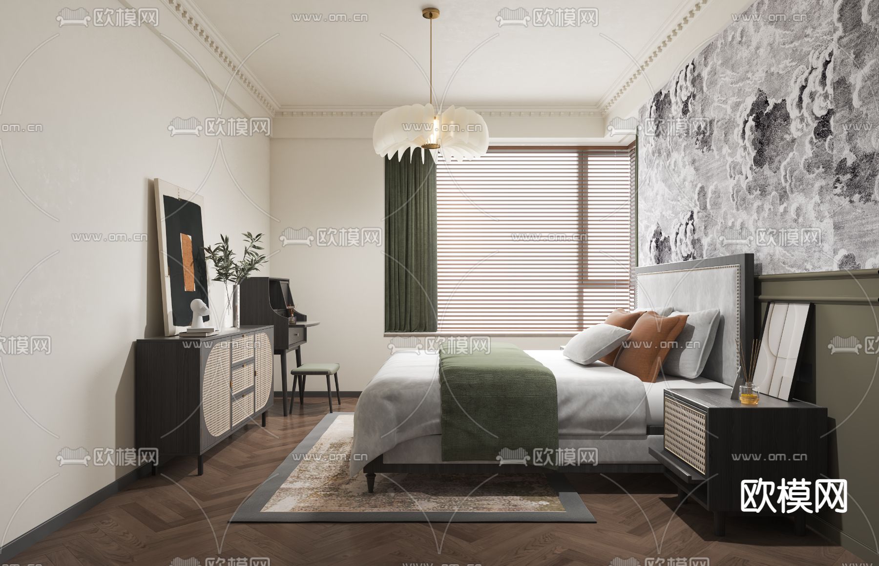 法式奶油风卧室卫生间书房3d模型下载（渲染图3）