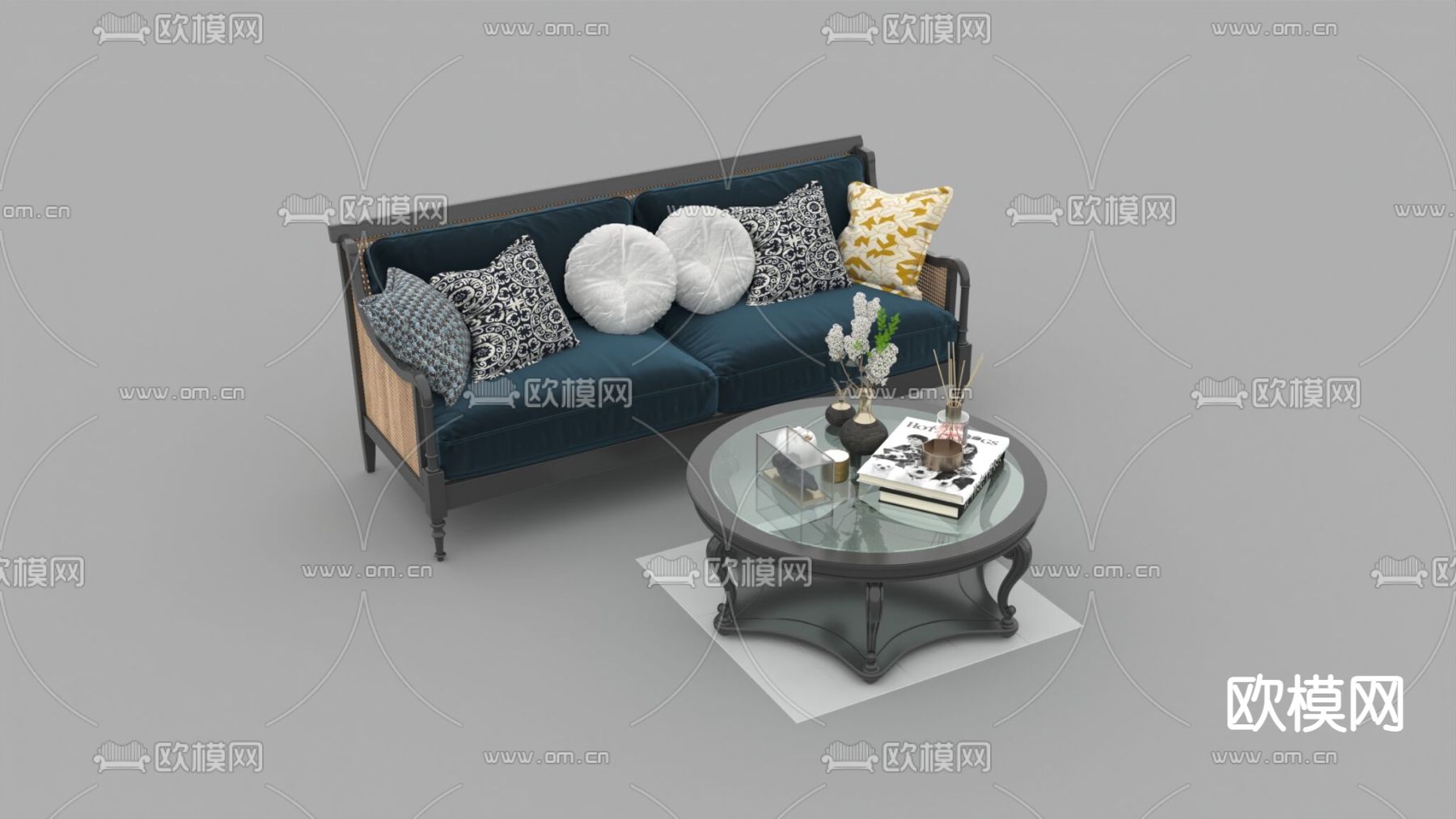新古典实木布艺双人沙发实木玻璃茶几组合免费3d模型下载