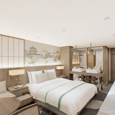  新中式酒店客房su模型 