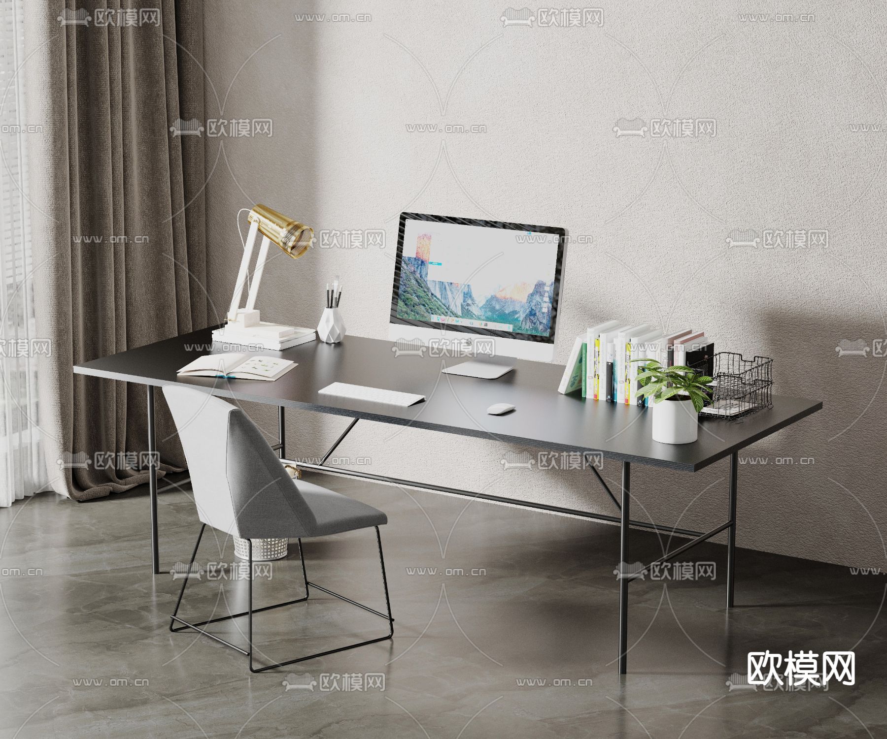 现代金属书桌椅3d模型下载