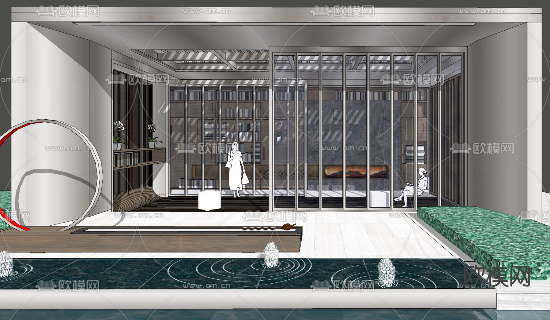 现代书吧水景亭子su模型下载（渲染图1）