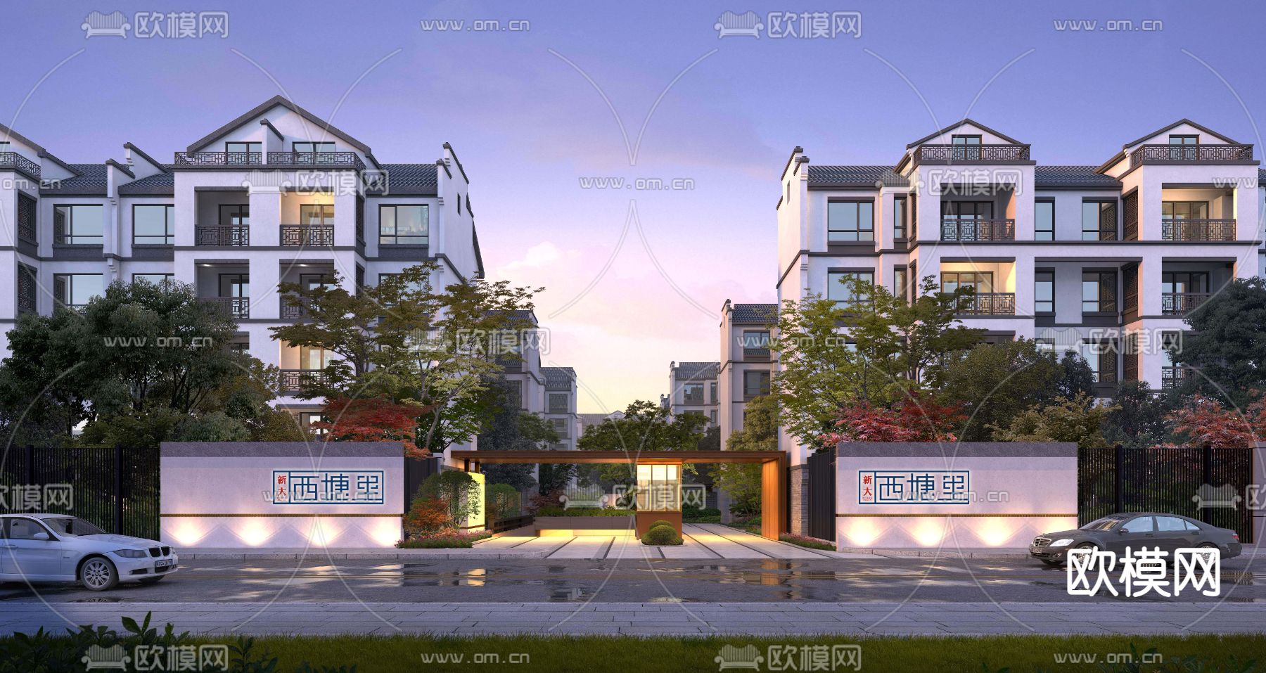 新中式小区入口建筑外观景观psd下载