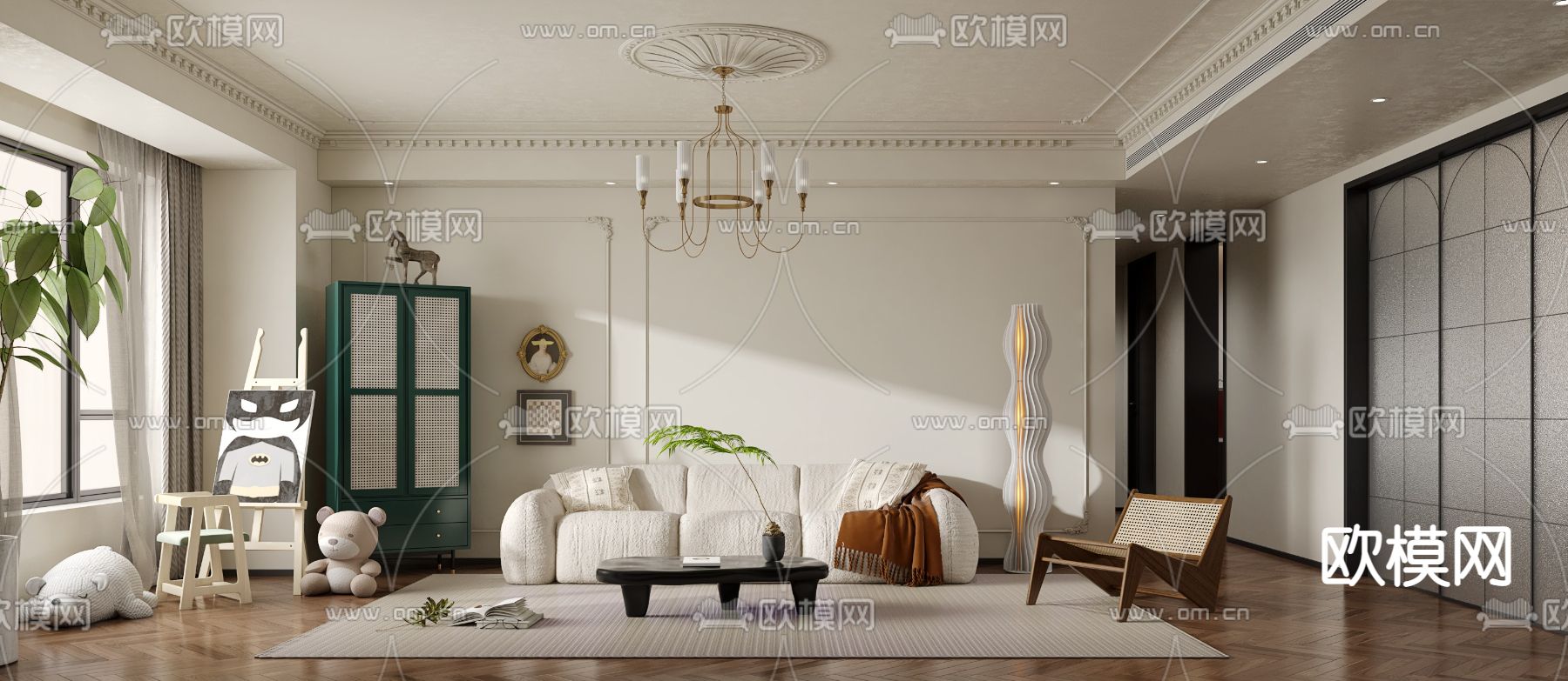 法式奶油风客厅餐厅3d模型下载（渲染图1）