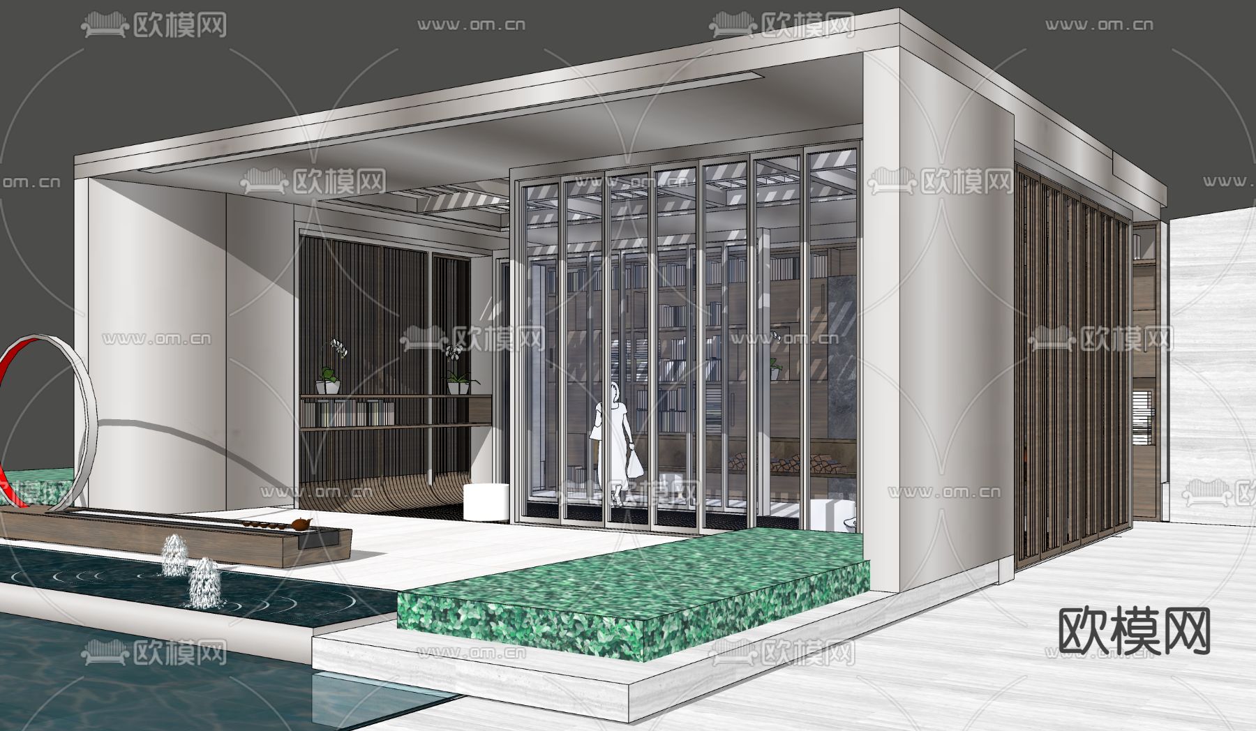 现代书吧水景亭子su模型下载（渲染图2）