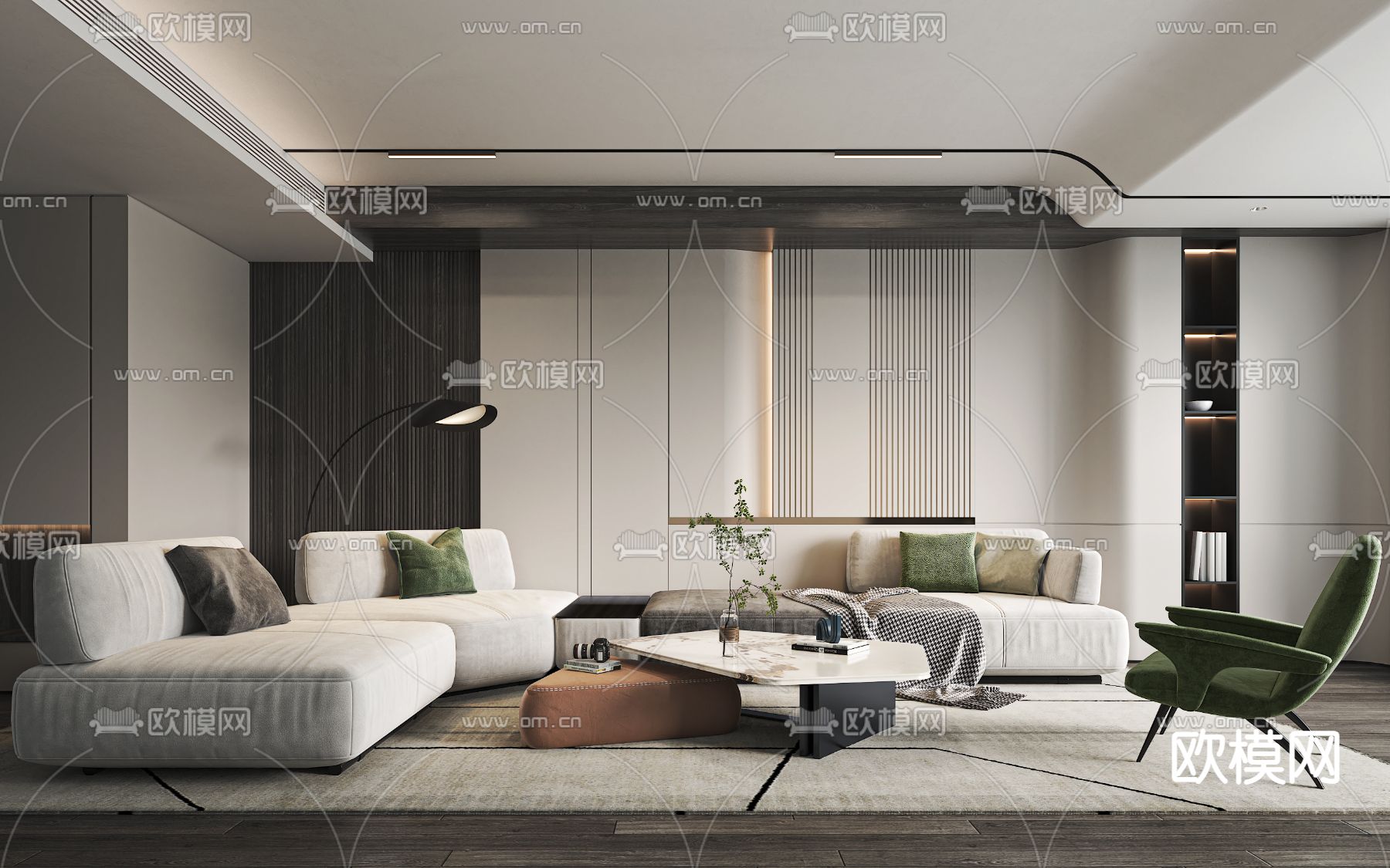 现代奶油风客厅3d模型下载（渲染图1）