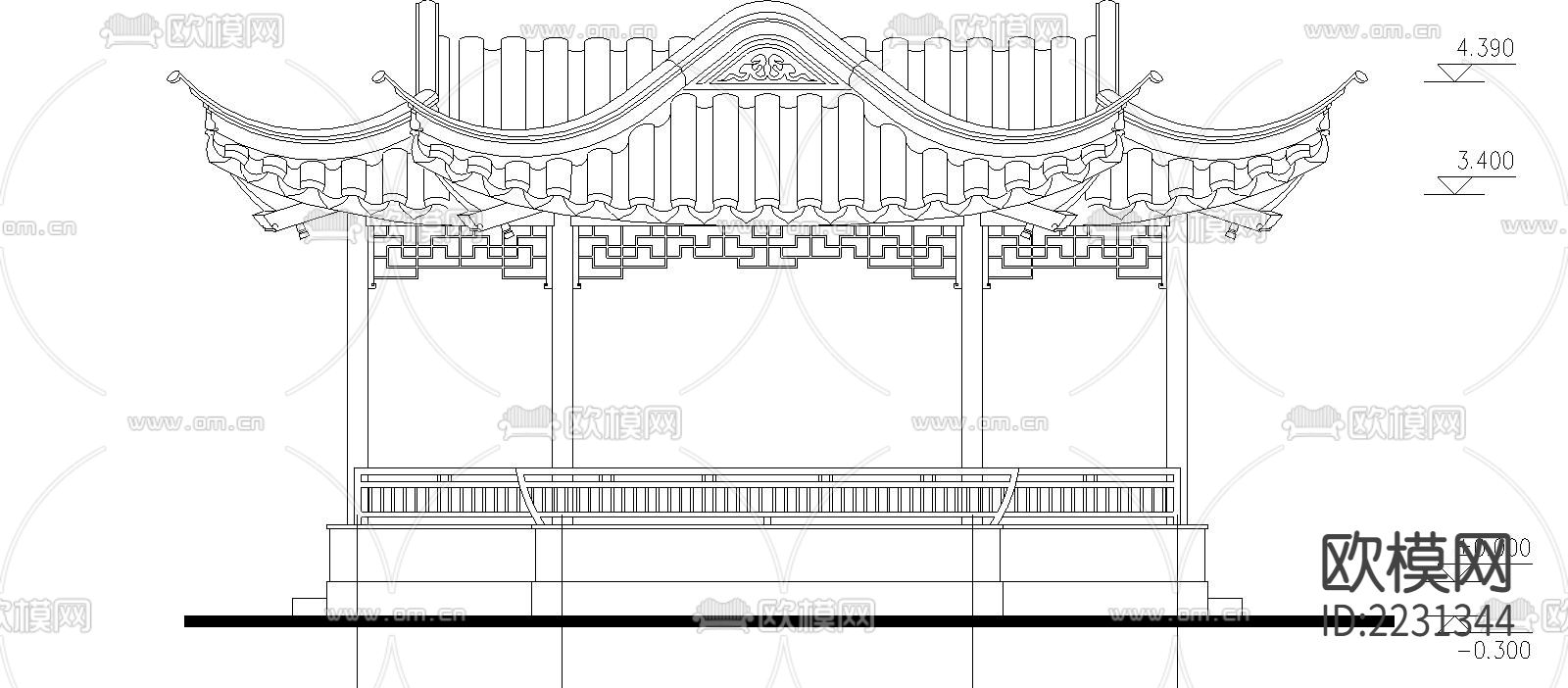 凸字亭廊cad立面图下载（渲染图1）