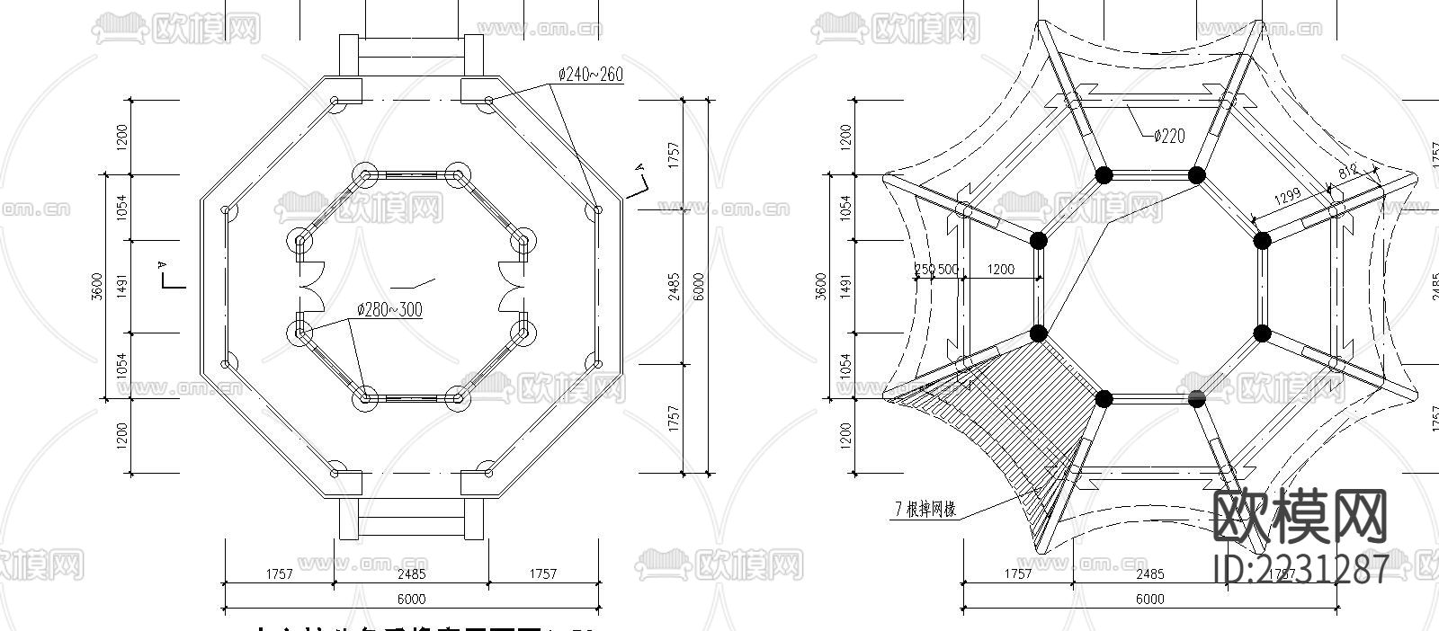 十六柱八角重檐亭cad施工图下载（渲染图2）