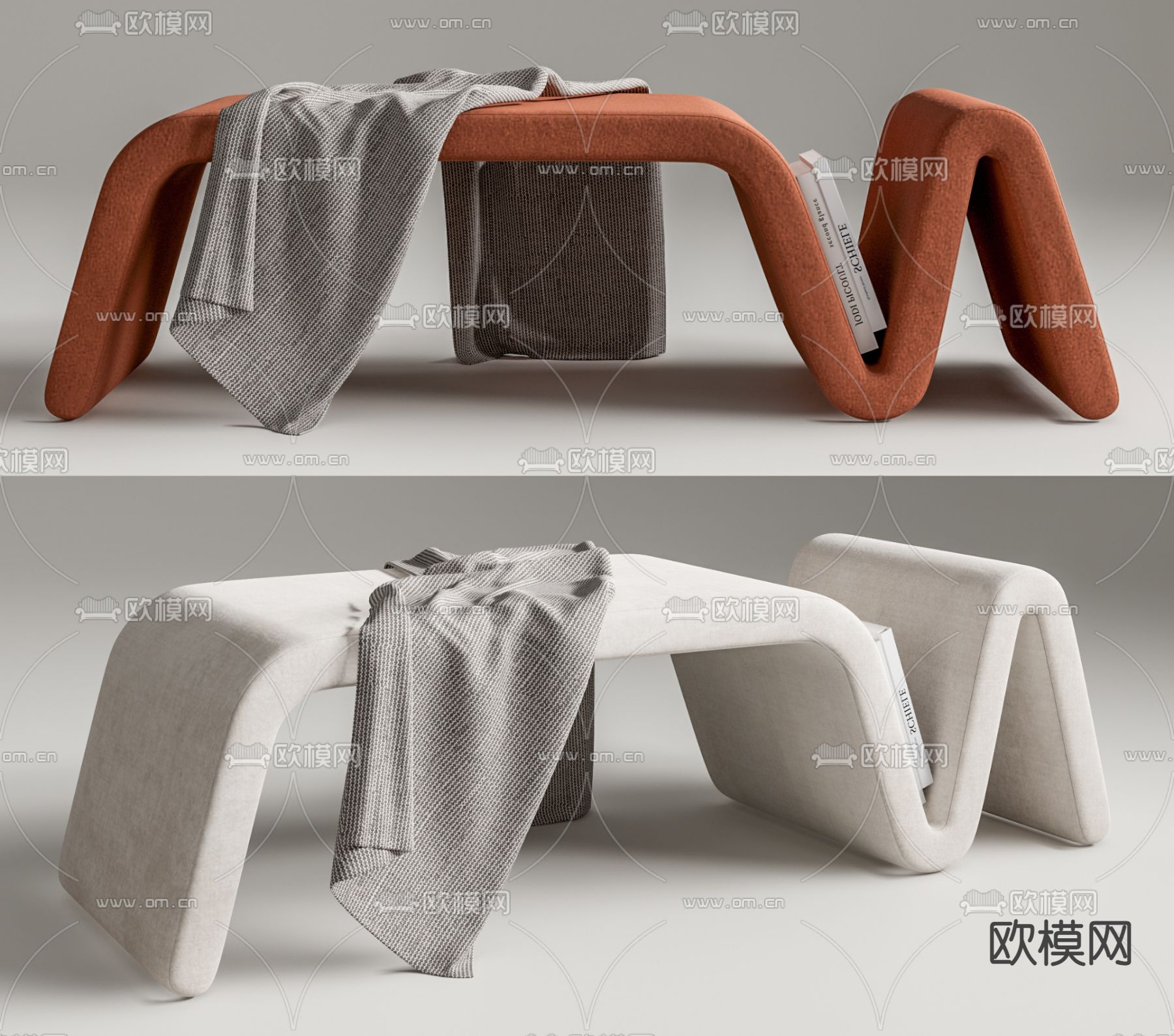 现代异形床尾凳su模型下载（渲染图1）