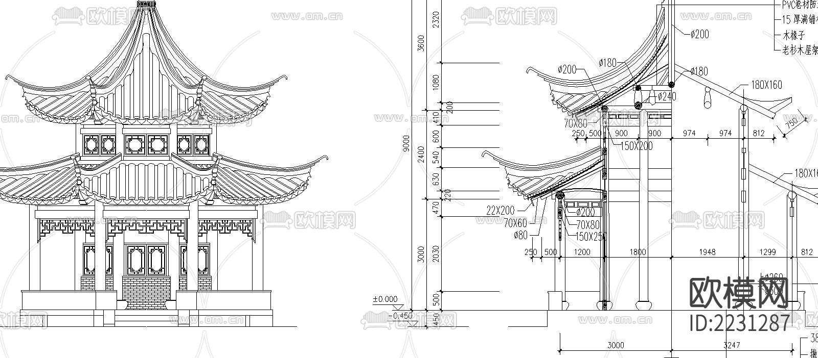 十六柱八角重檐亭cad施工图下载（渲染图1）