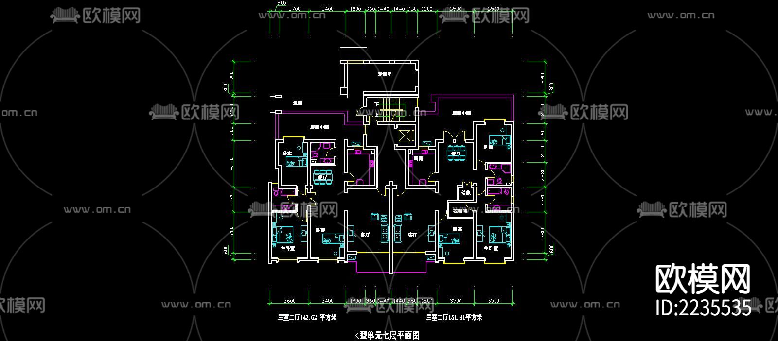 三室二厅143平米家装cad施工图下载