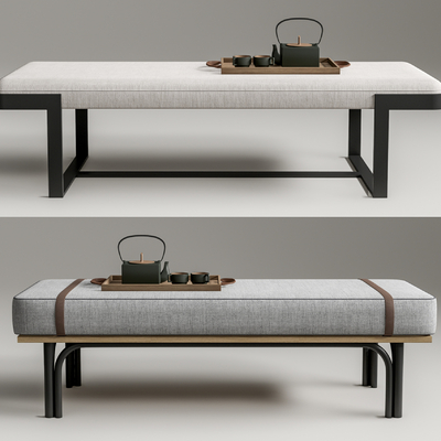  新中式床尾凳su模型 