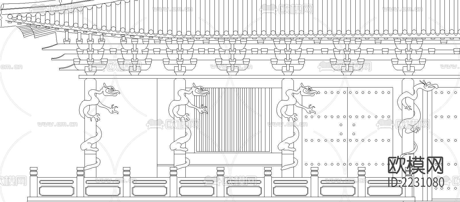 山西晋祠圣母殿CAD立面图下载（渲染图3）