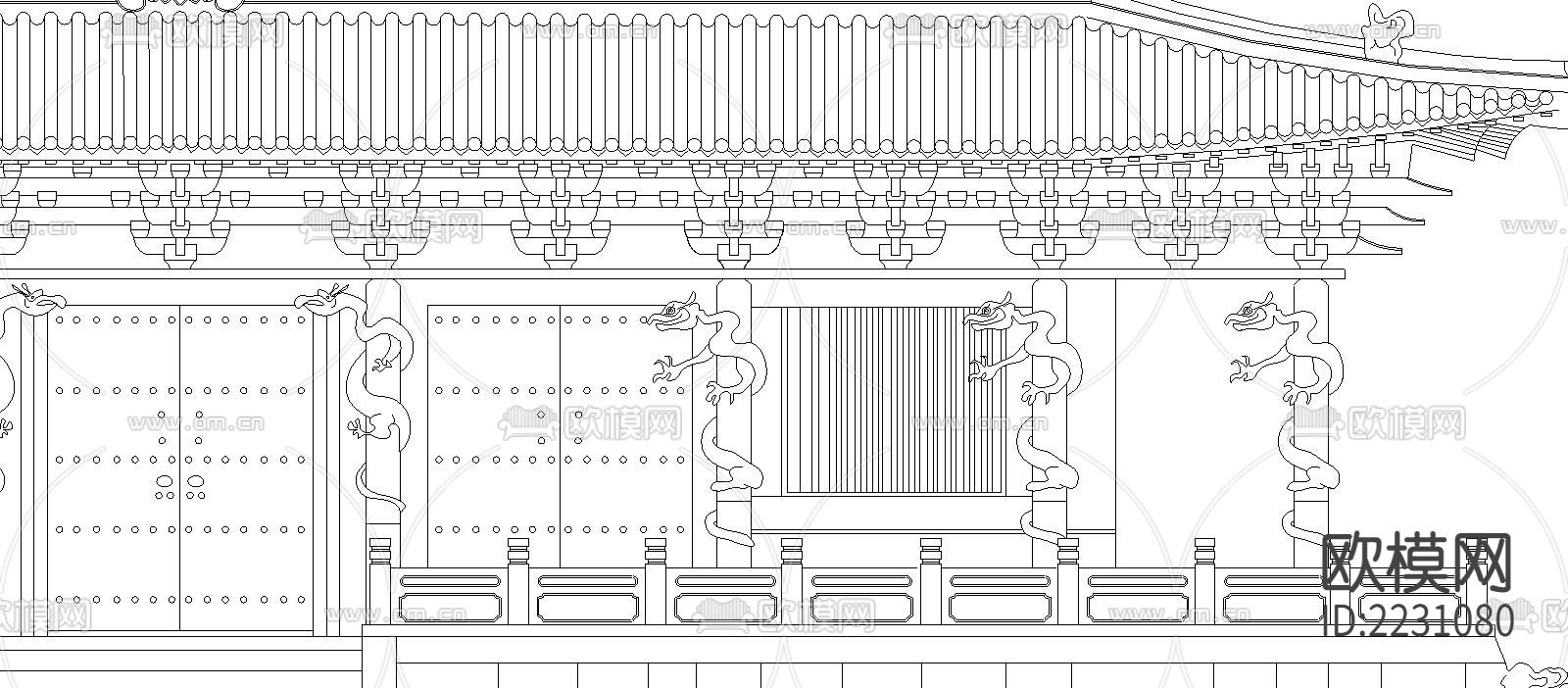 山西晋祠圣母殿CAD立面图下载（渲染图2）
