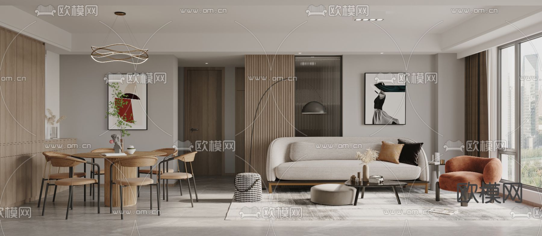 现代客厅餐厅3d模型下载（渲染图1）