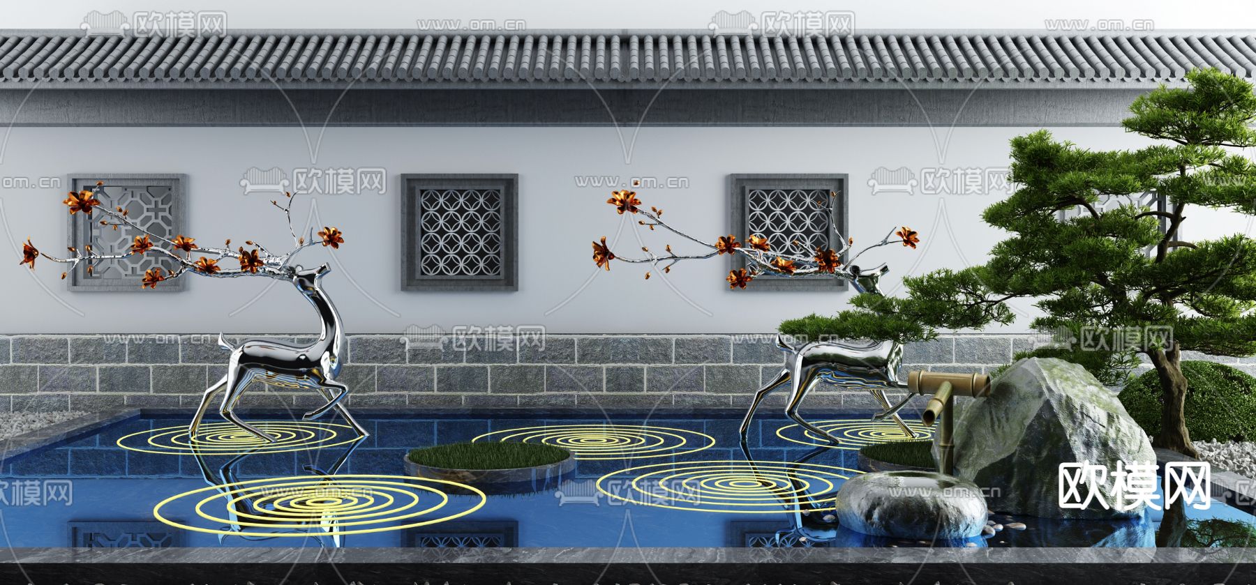 新中式庭院麋鹿水景小品3d模型下载