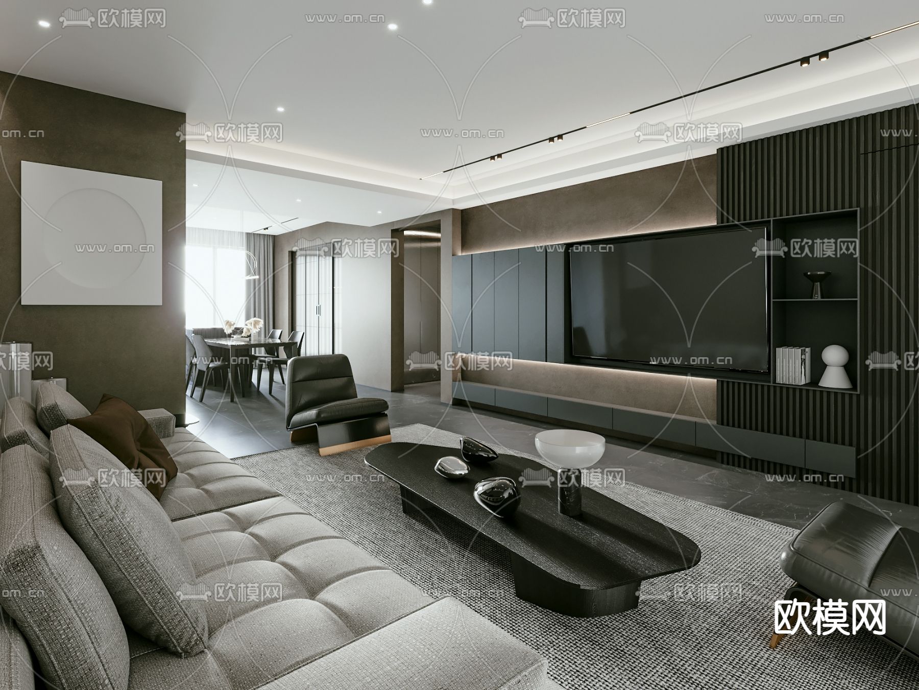 现代高级灰客厅餐厅3d模型下载