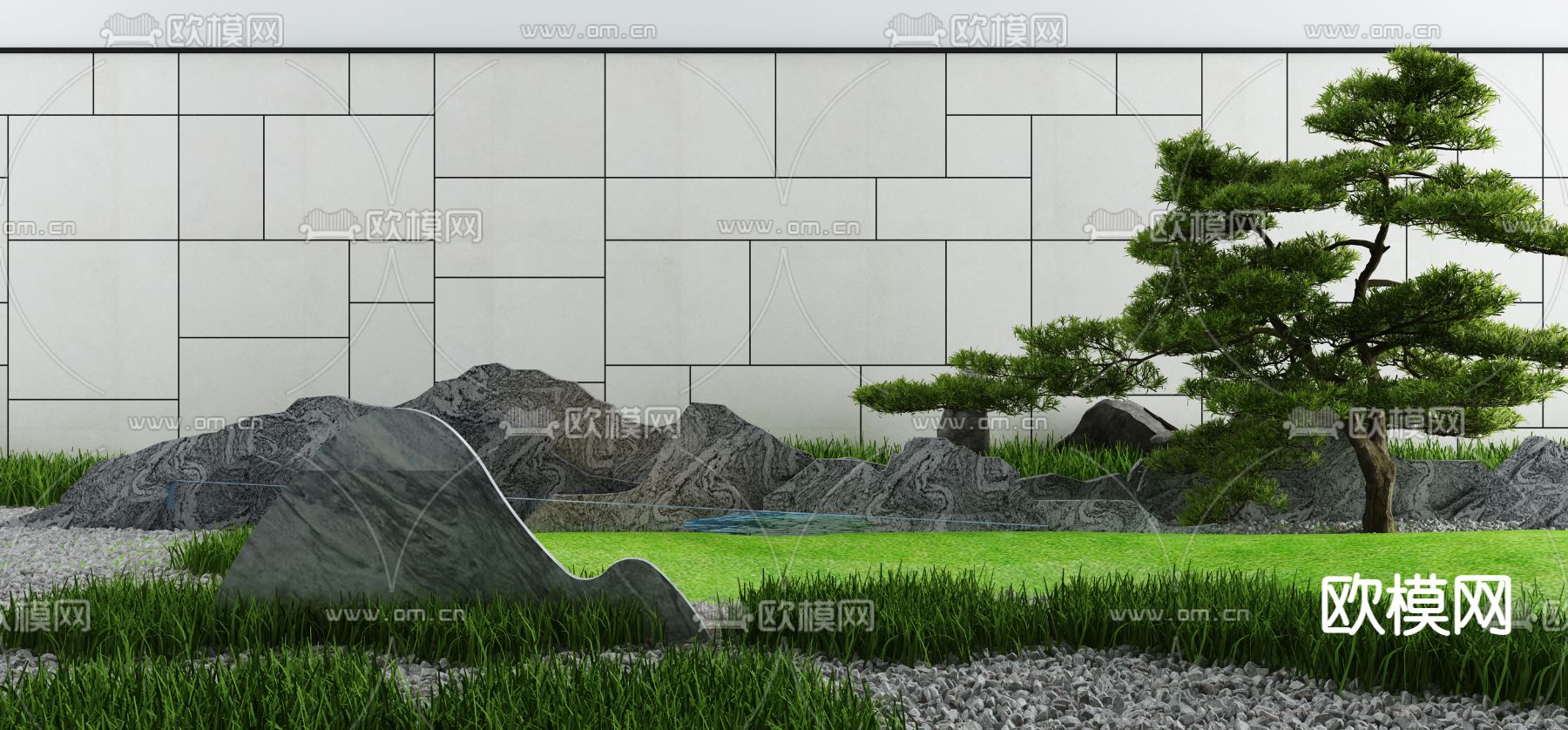 新中式庭院枯山水石小品3d模型下载