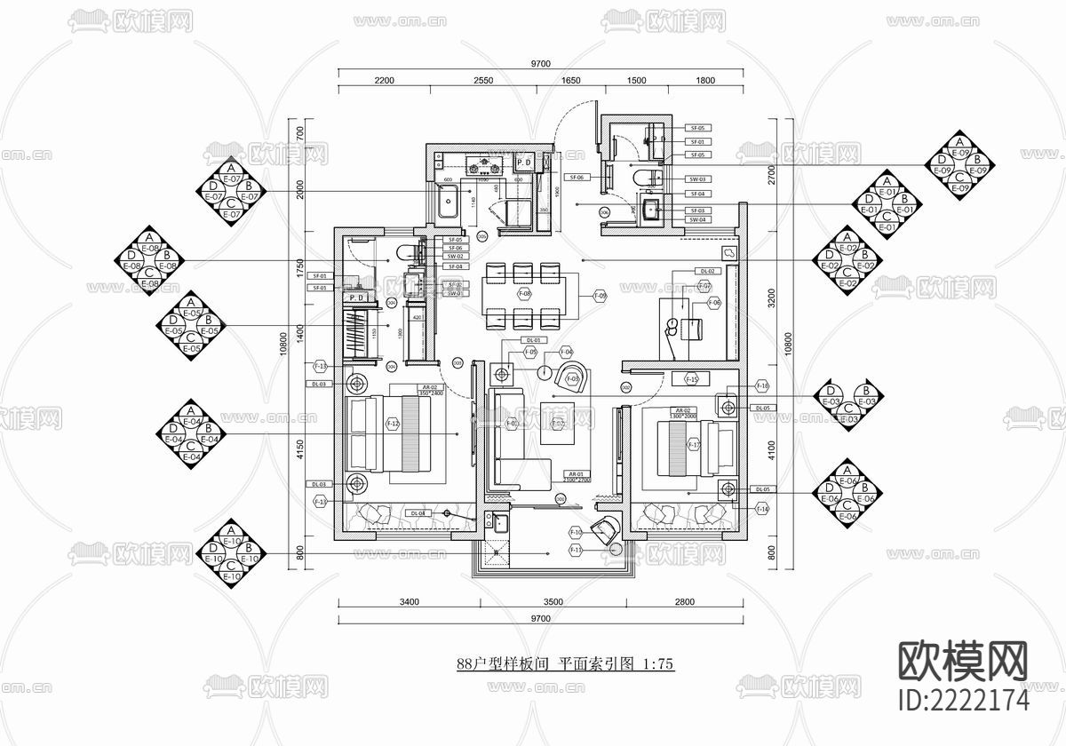 88㎡样板间cad平面图下载（渲染图1）