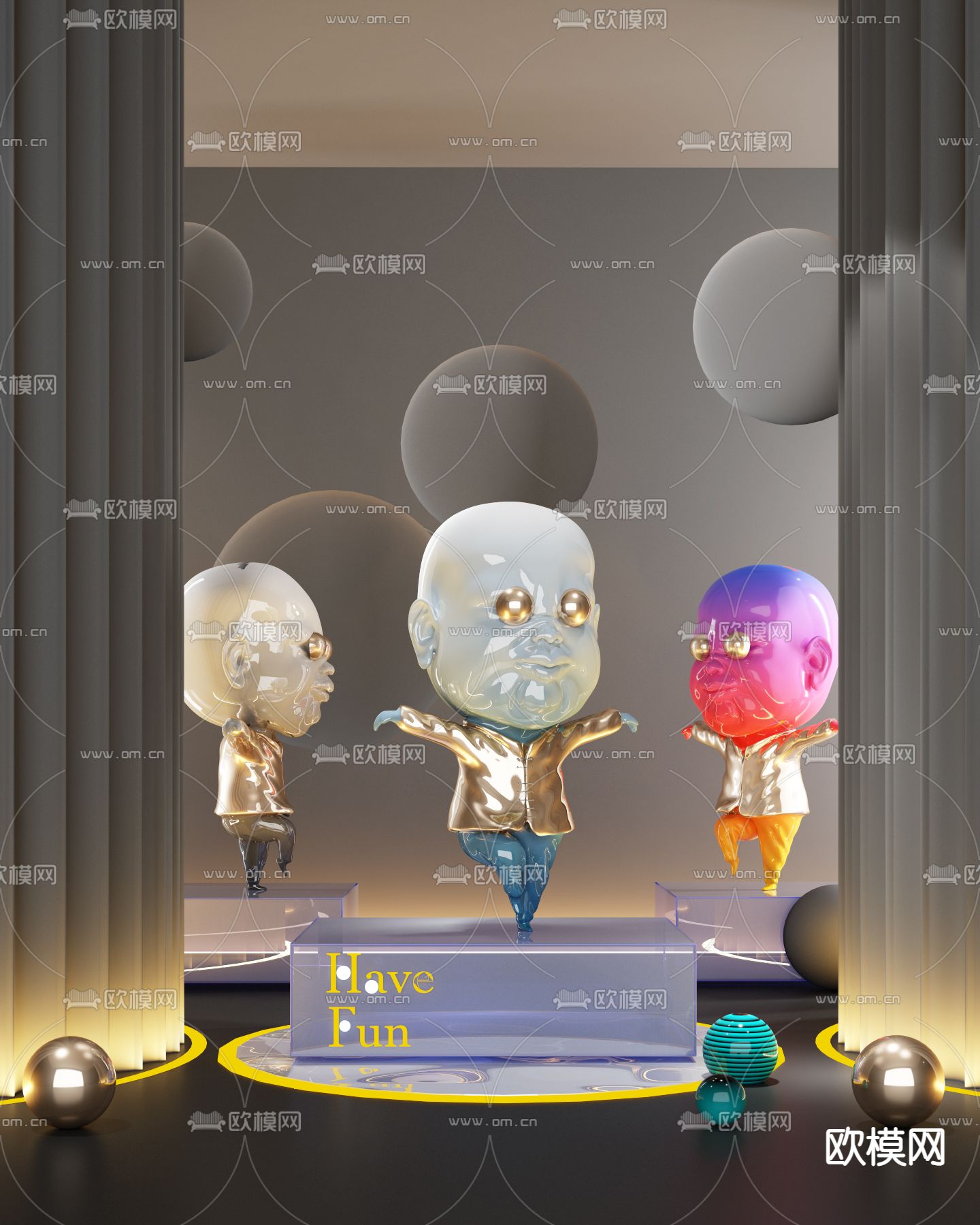 现代大头娃卡通潮玩雕塑3d模型下载