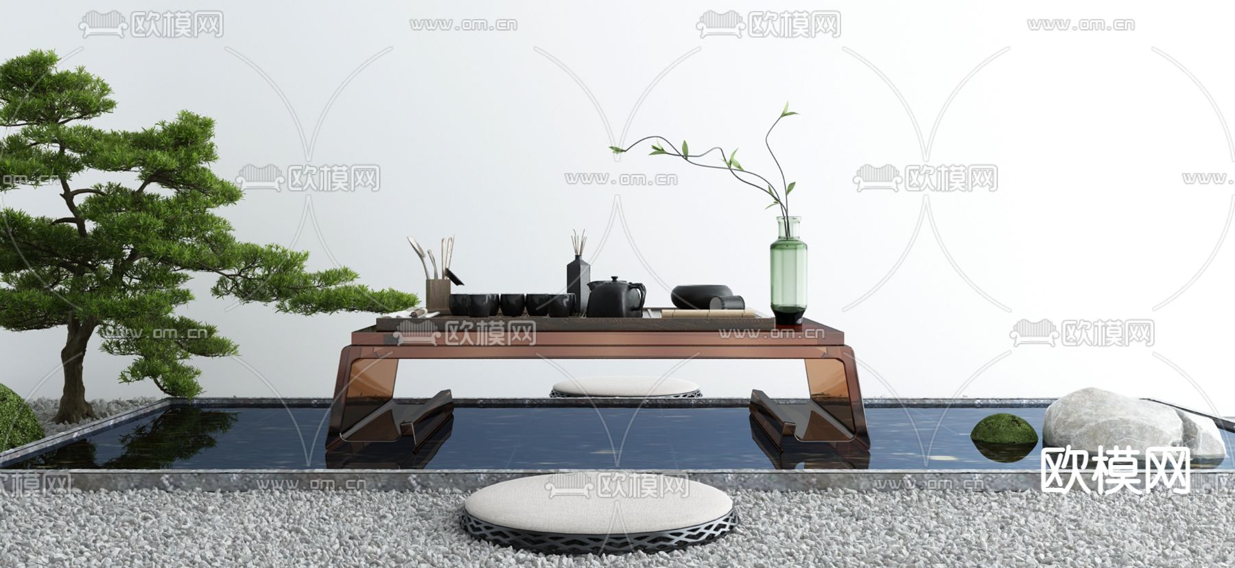 新中式亚克力茶桌椅3d模型下载