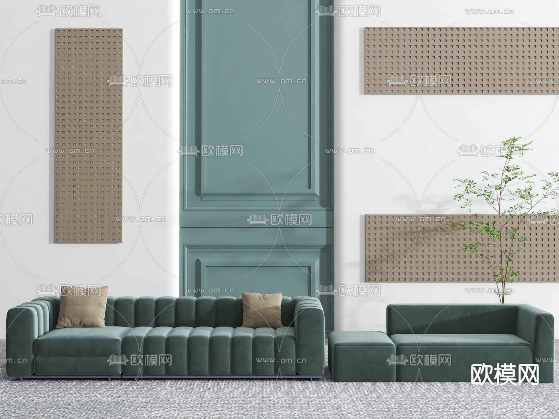 现代绿色布艺多人沙发3d模型下载