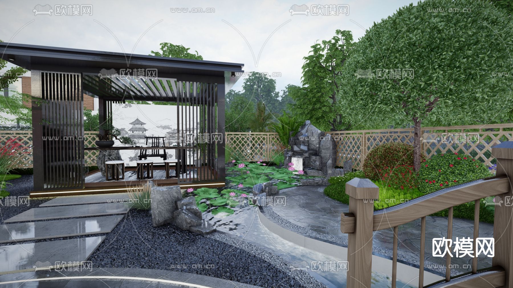 中式庭院景观su模型下载_ID12061002_sketchup模型下载-欧模网