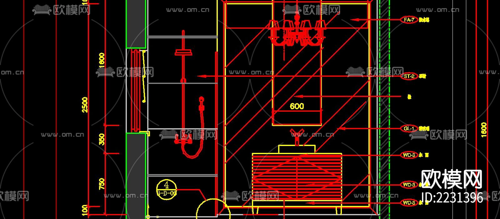 别墅浴室cad大样图下载（渲染图3）