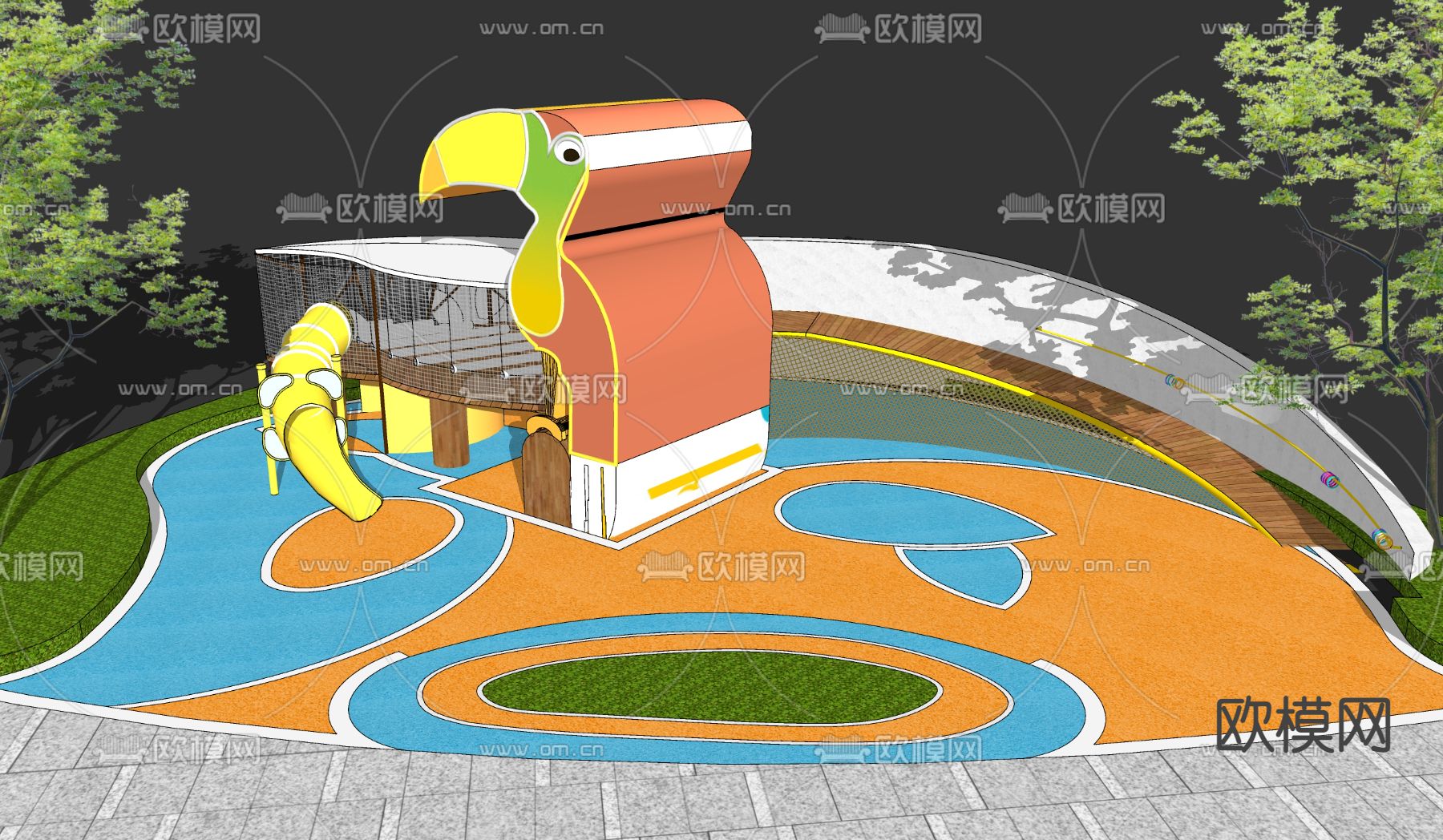 现代犀牛鸟儿童滑梯区su模型下载（渲染图2）