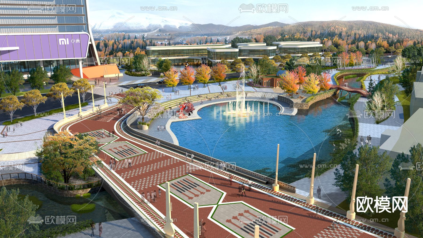 现代商业街水上喷泉景观psd下载