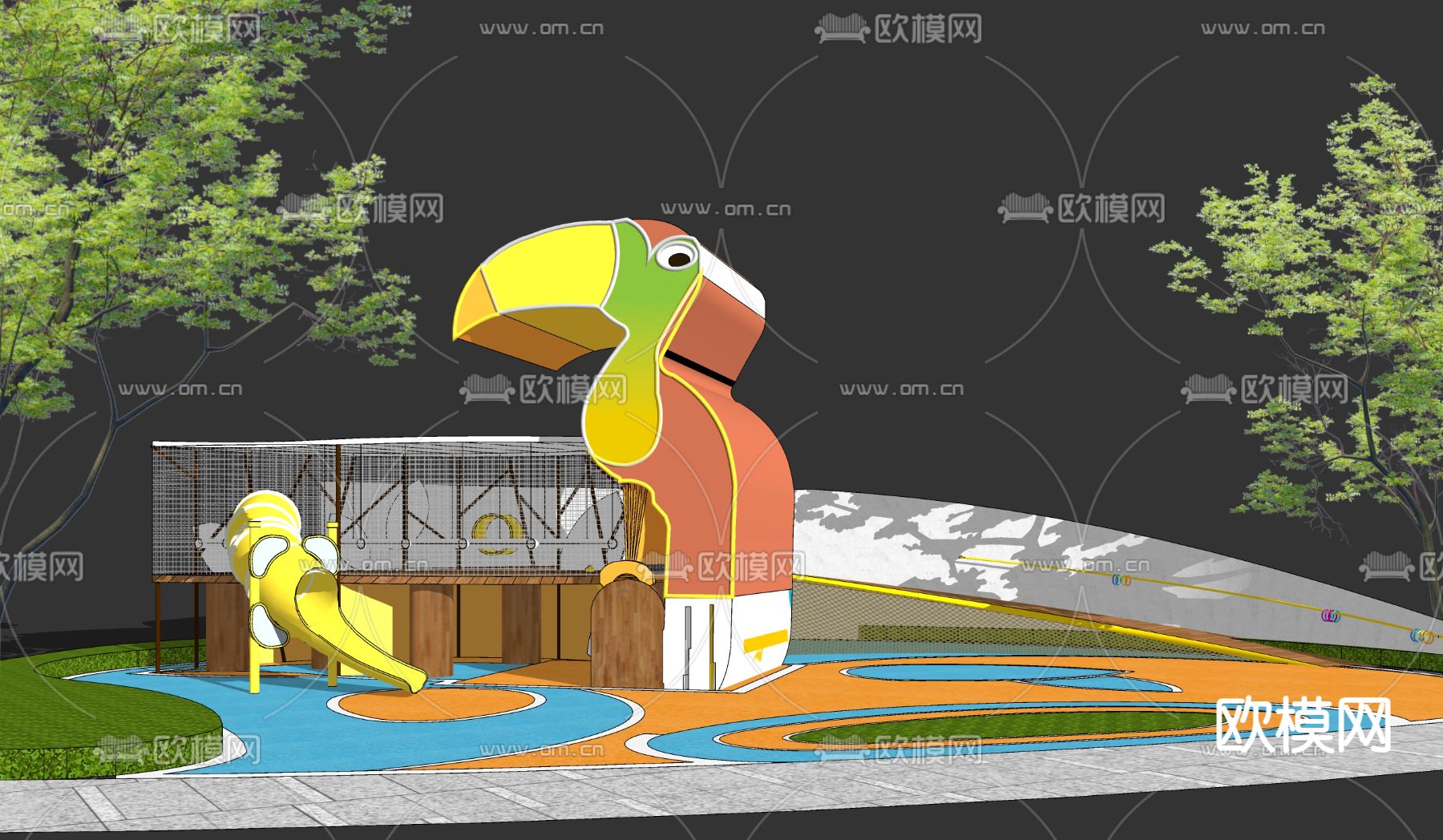 现代犀牛鸟儿童滑梯区su模型下载（渲染图1）