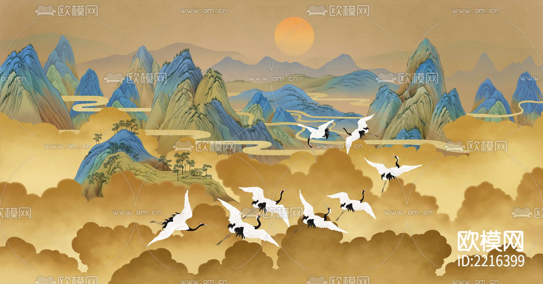 华琴壁画-新中式飞鹤高山壁纸