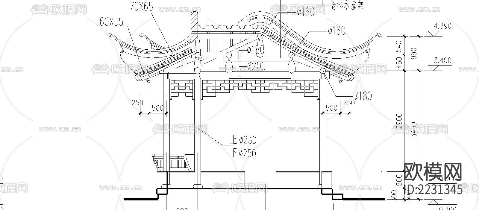 凸字亭廊cad立面图下载（渲染图4）