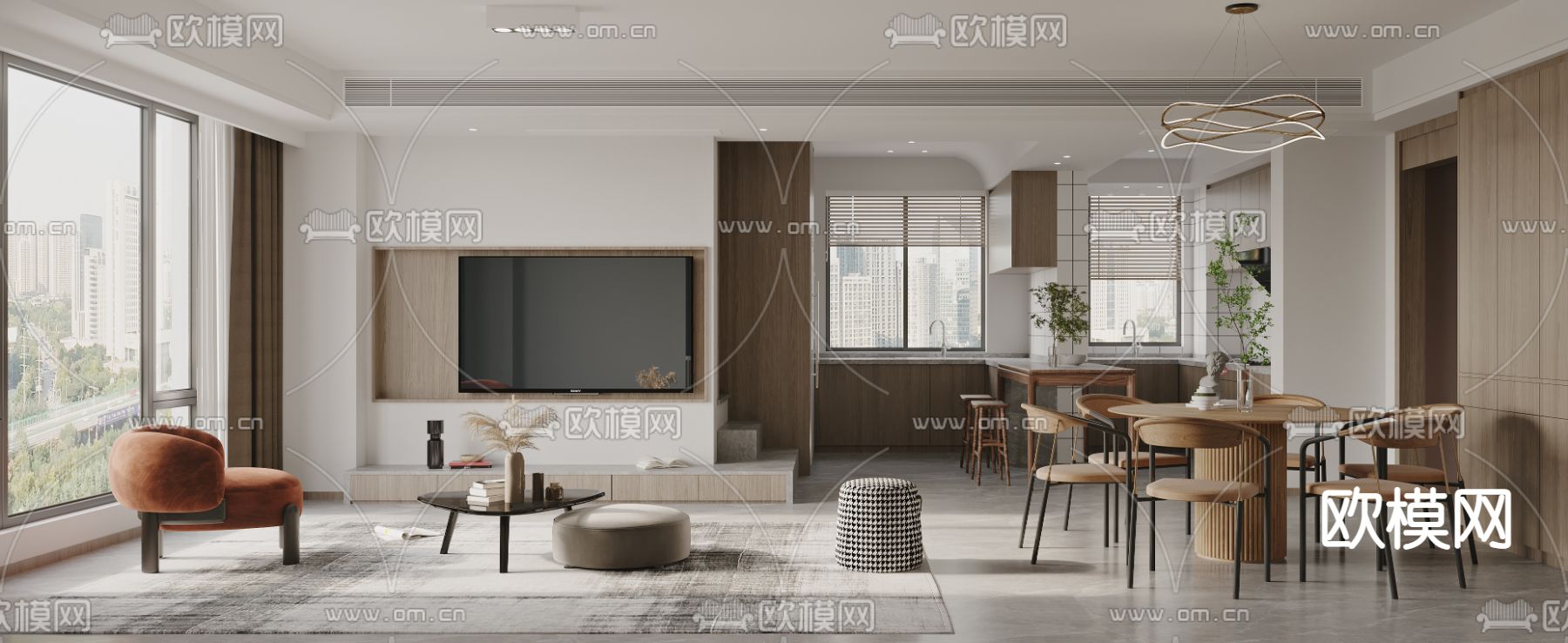 现代客厅餐厅3d模型下载（渲染图2）