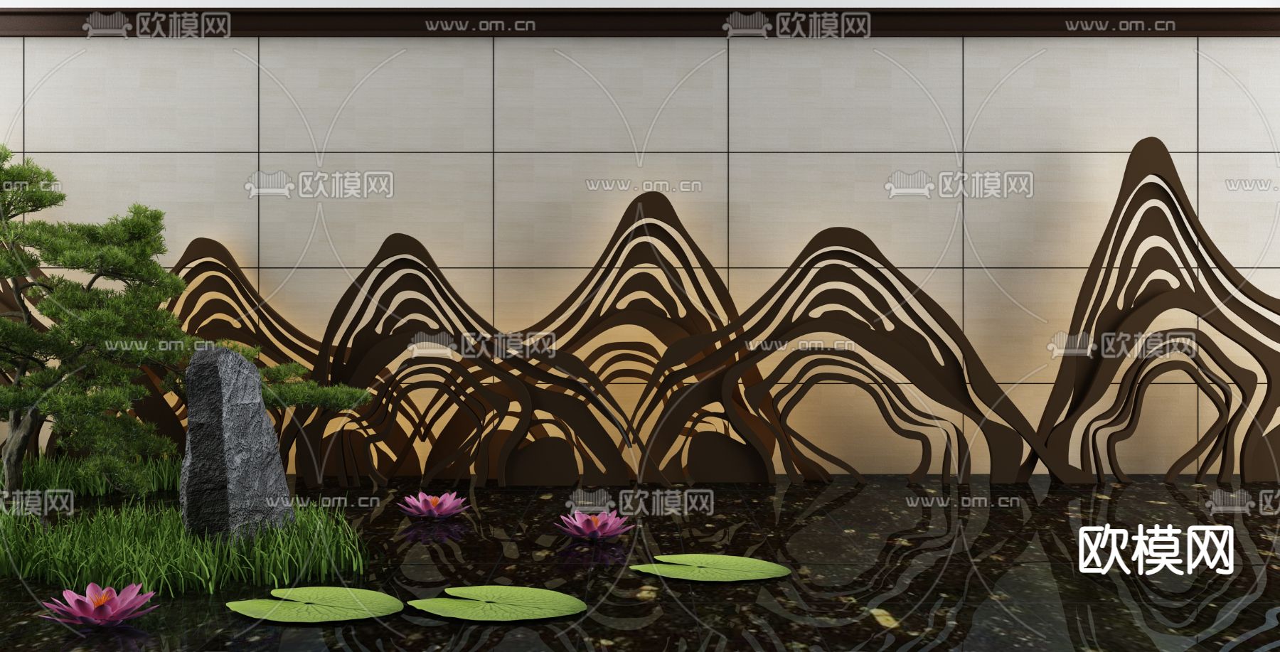 新中式莲花水池景观小品3d模型下载_ID12062532_3dmax免费模型-欧模网