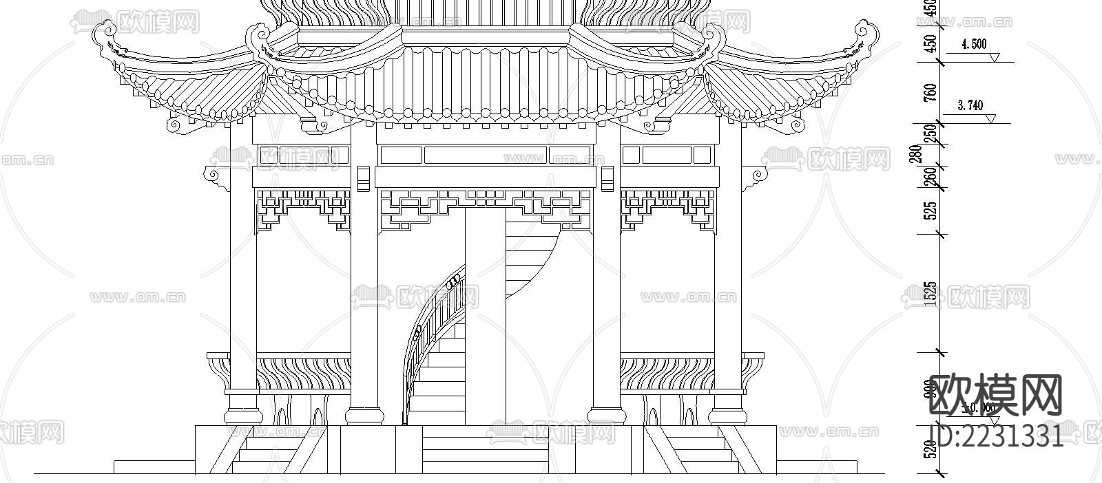 双层古式六角亭cad立面图下载（渲染图1）