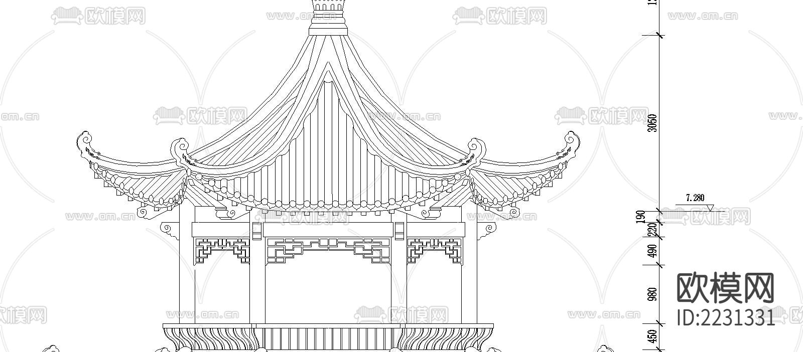 双层古式六角亭cad立面图下载（渲染图2）