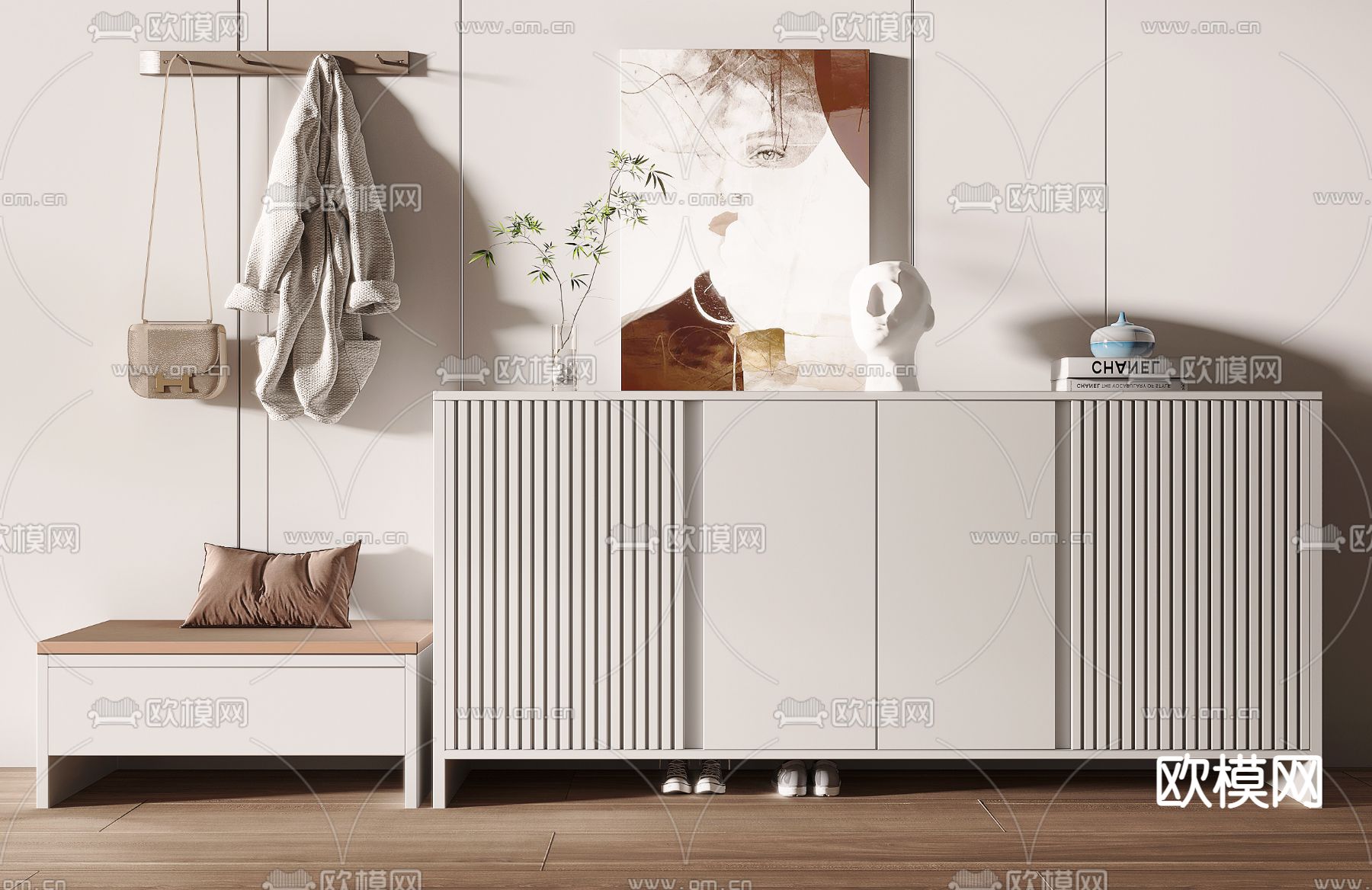 现代玄关边柜鞋柜su模型下载（渲染图1）