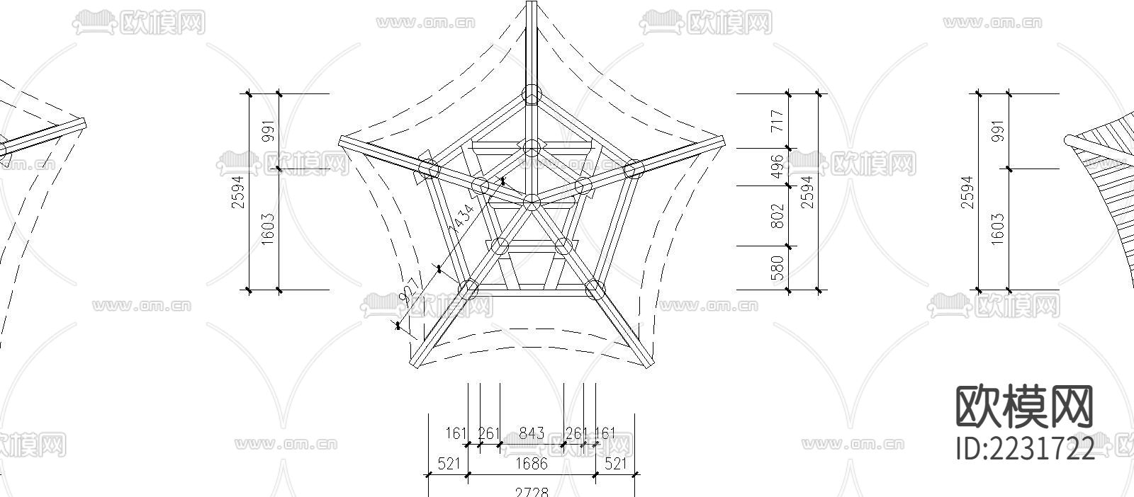 五角重檐亭cad施工图下载（渲染图1）